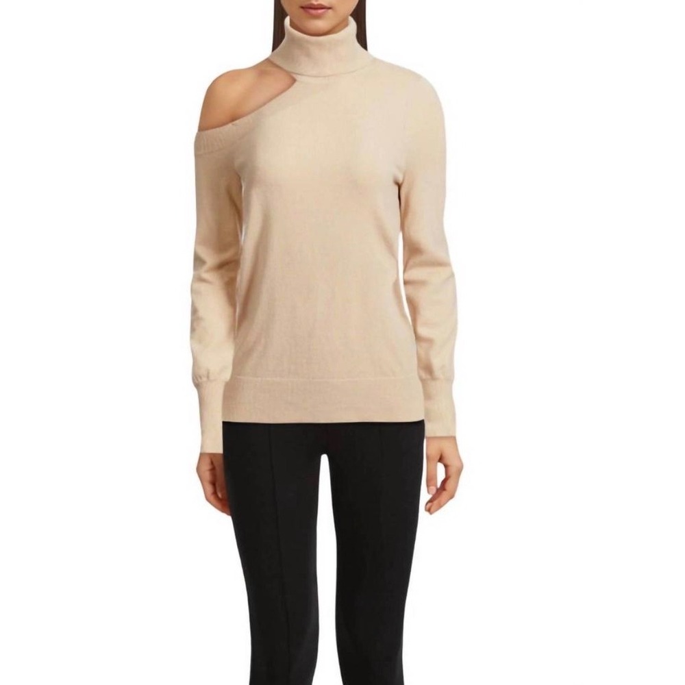 L'AGENCE‎ Easton Tan One Shoulder Cutout Turtleneck Knit Sweater Large
